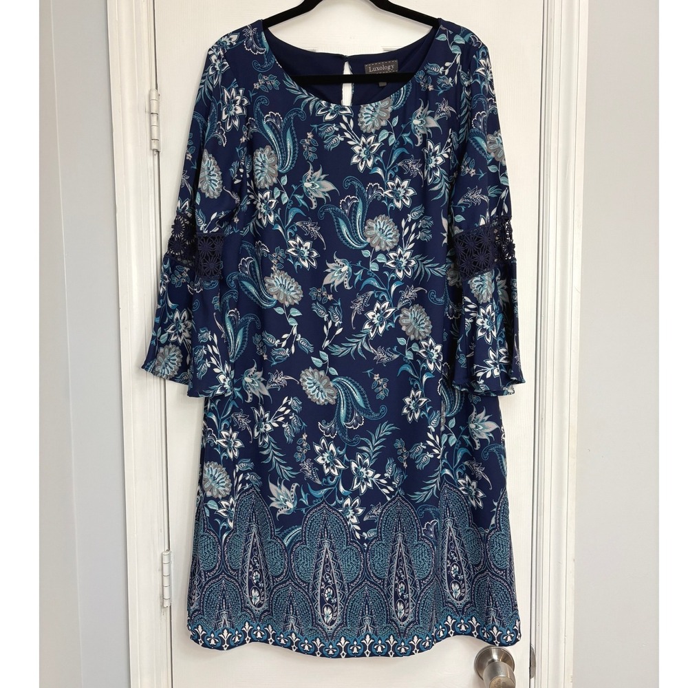 Luxology Sz 14 Floral Paisley Print Bell Sleeve Dress Blue